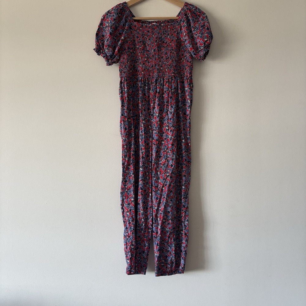 Crewcuts Girls 10 Red Blue Floral Jumpsuit Puff Sleeve Smocked Preppy School